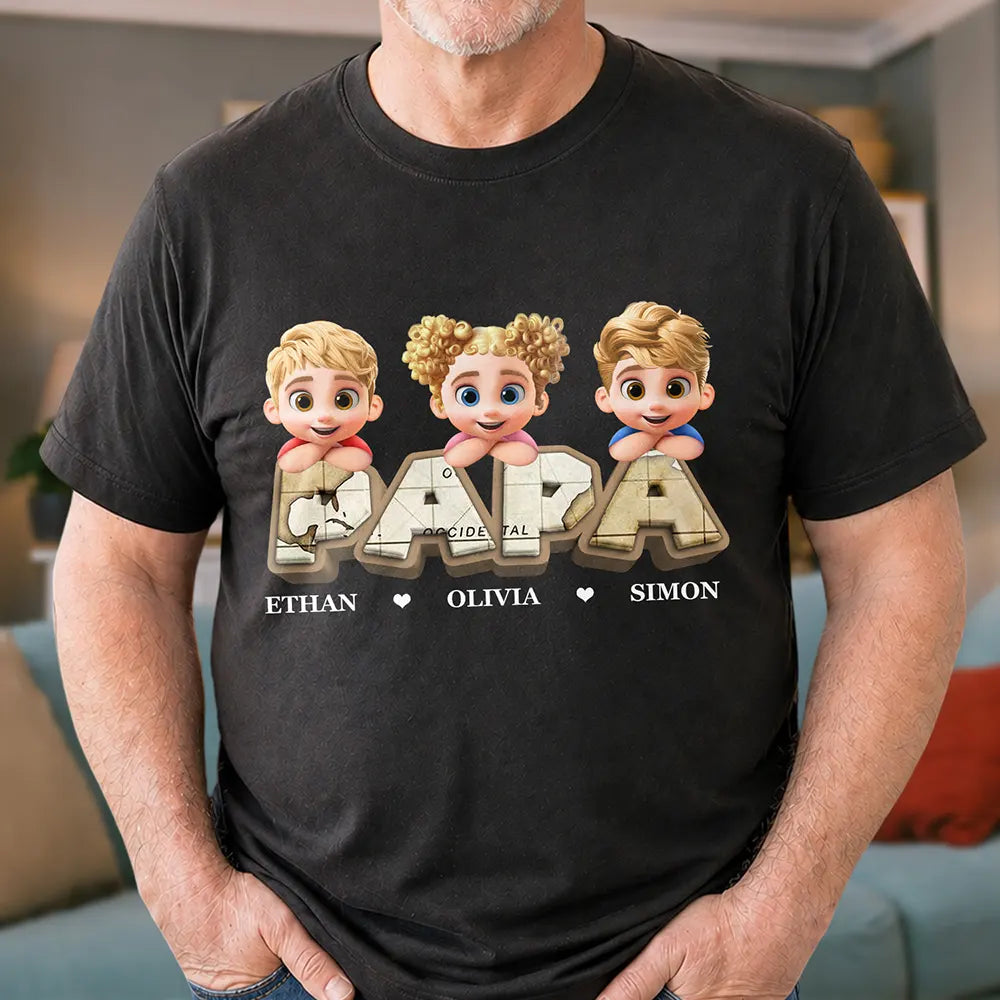 Gift For Grandpa,Gift For Father,Happy,Funny - Vintage Map Grandpa Papa Dad 3D Effect Kids - Personalized T Shirt