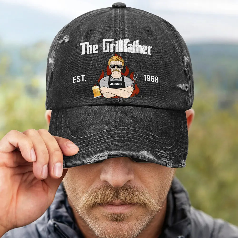 Happy,Gift For Father,Gift For Grandpa,Gift For Men,Grilling,Grandpa's Hobby,Dad's Hobby,Non-Eng,Vector,Humorous - Vintage BBQ The Grill Father - Personalized Distressed Cap