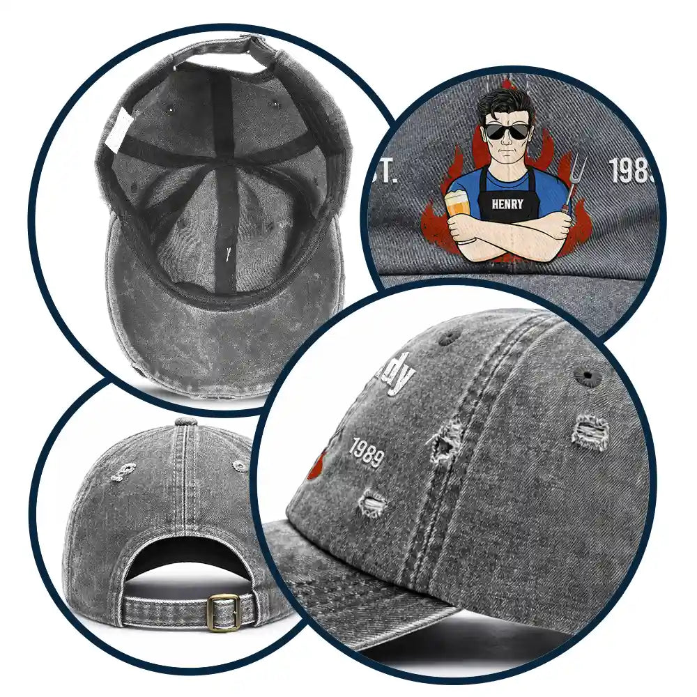 Happy,Gift For Father,Gift For Grandpa,Gift For Men,Grilling,Grandpa's Hobby,Dad's Hobby,Non-Eng,Vector,Humorous - Vintage BBQ The Grill Father - Personalized Distressed Cap