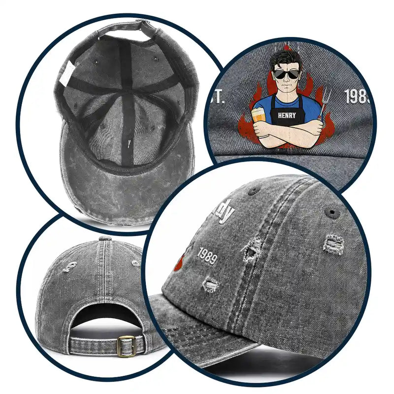 Happy,Gift For Father,Gift For Grandpa,Gift For Men,Grilling,Grandpa's Hobby,Dad's Hobby,Non-Eng,Vector,Humorous - Vintage BBQ The Grill Father - Personalized Distressed Cap