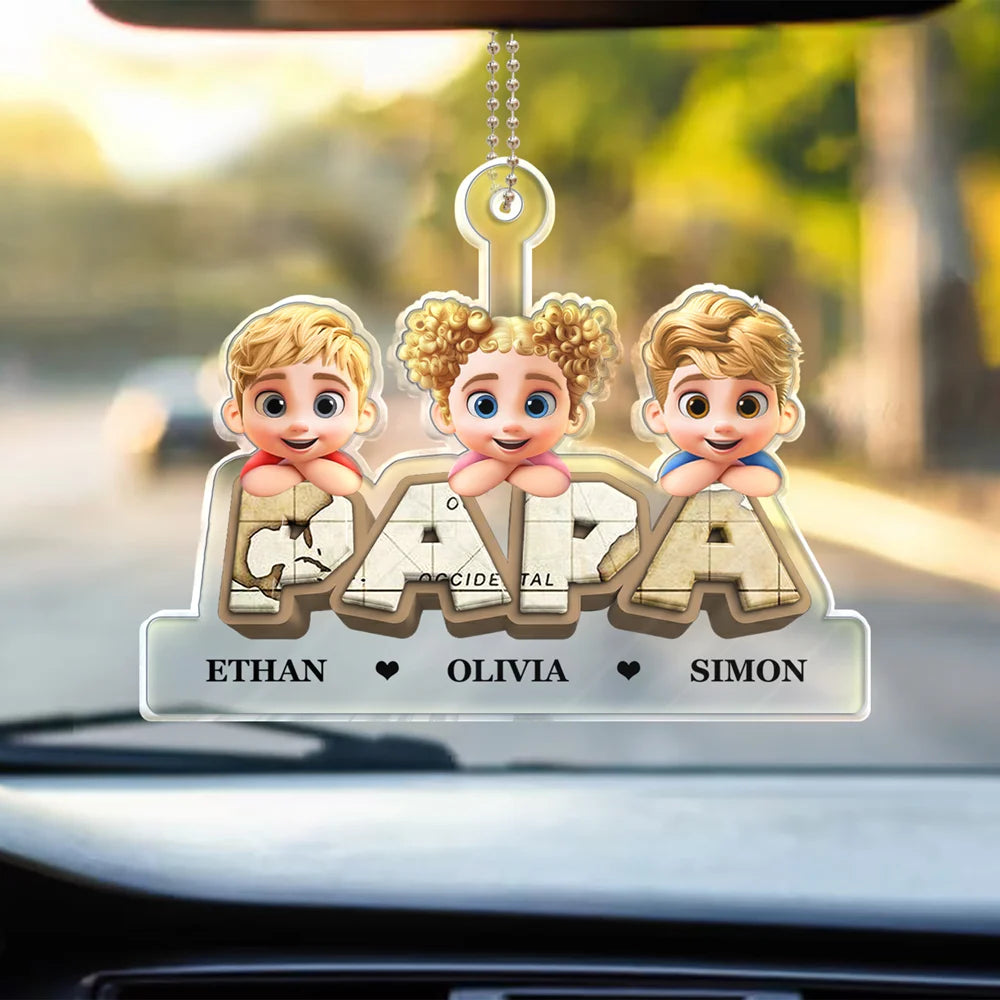 Gift For Grandpa,Grandpa - Grandkids,Gift For Father,Dad - Children,Non-Eng,Vector,Adorable - Vintage Map Grandpa Papa Dad 3D Effect Kids - Personalized Acrylic Car Hanger