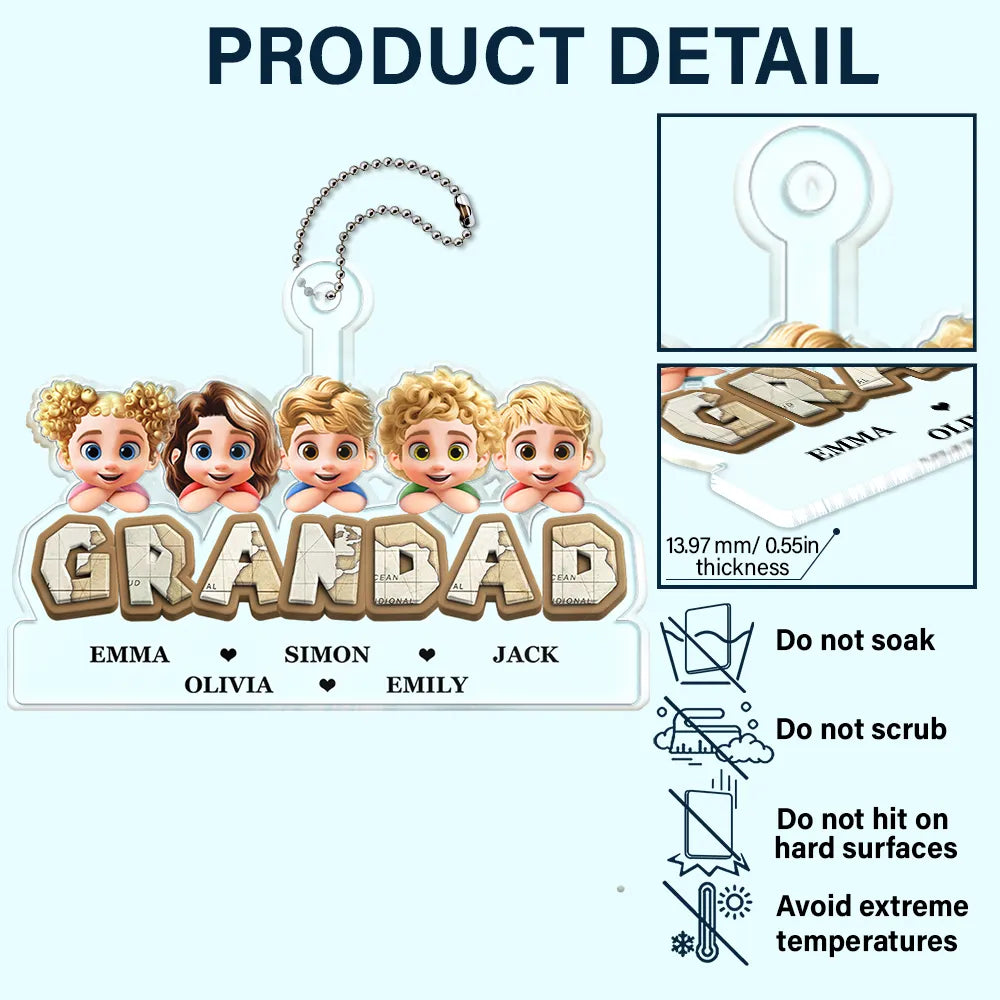 Gift For Grandpa,Grandpa - Grandkids,Gift For Father,Dad - Children,Non-Eng,Vector,Adorable - Vintage Map Grandpa Papa Dad 3D Effect Kids - Personalized Acrylic Car Hanger