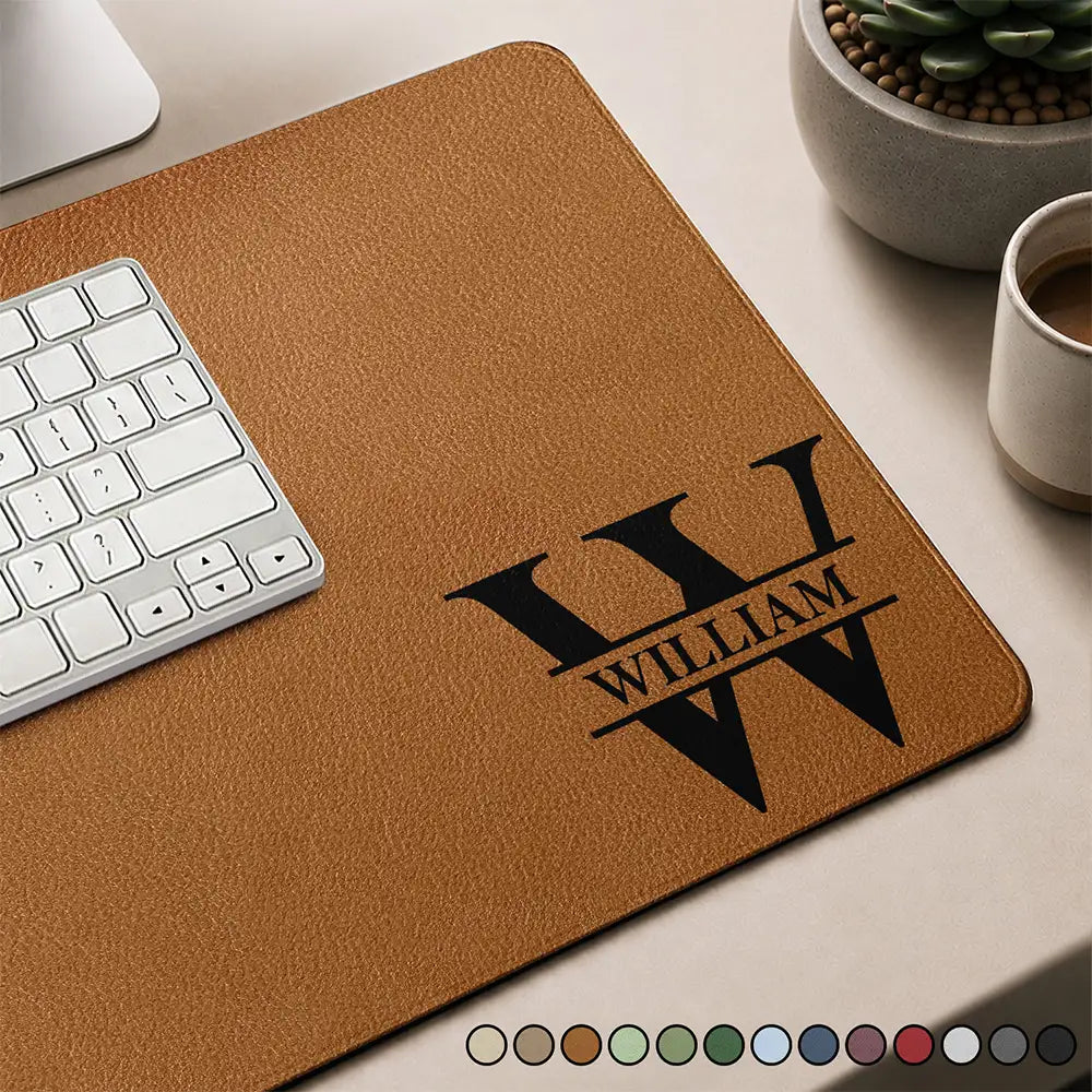 Gift For Yourself,Gift For Men,Gift For Husband,Gift For Boyfriend,Gift For Father,Gift For Grandpa,Hunting,Fishing,Non-Eng,Icon,Confident - Vintage Monogram Name Initial - Personalized Leather Desk Mat