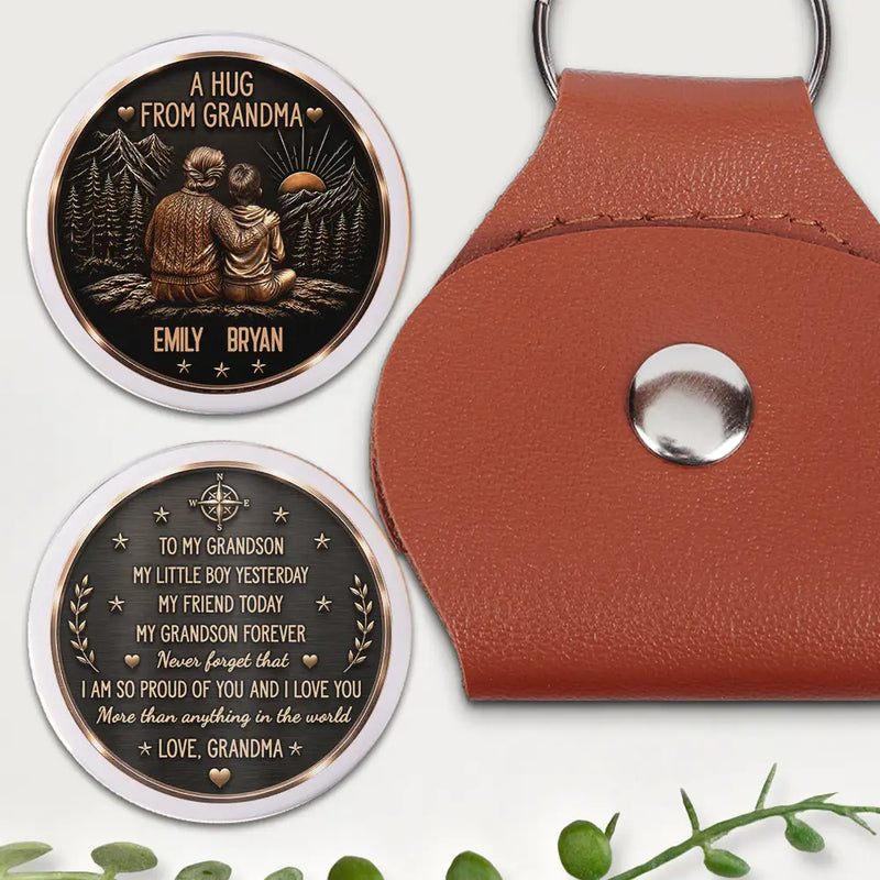 Gift For Grandchildren,Sentimental,Gift For Grandkids,Gift For Grandma,Grandma - Grandkids,Vector - Vintage Style A Hug From Grandma - Personalized Leather Pocket Hug