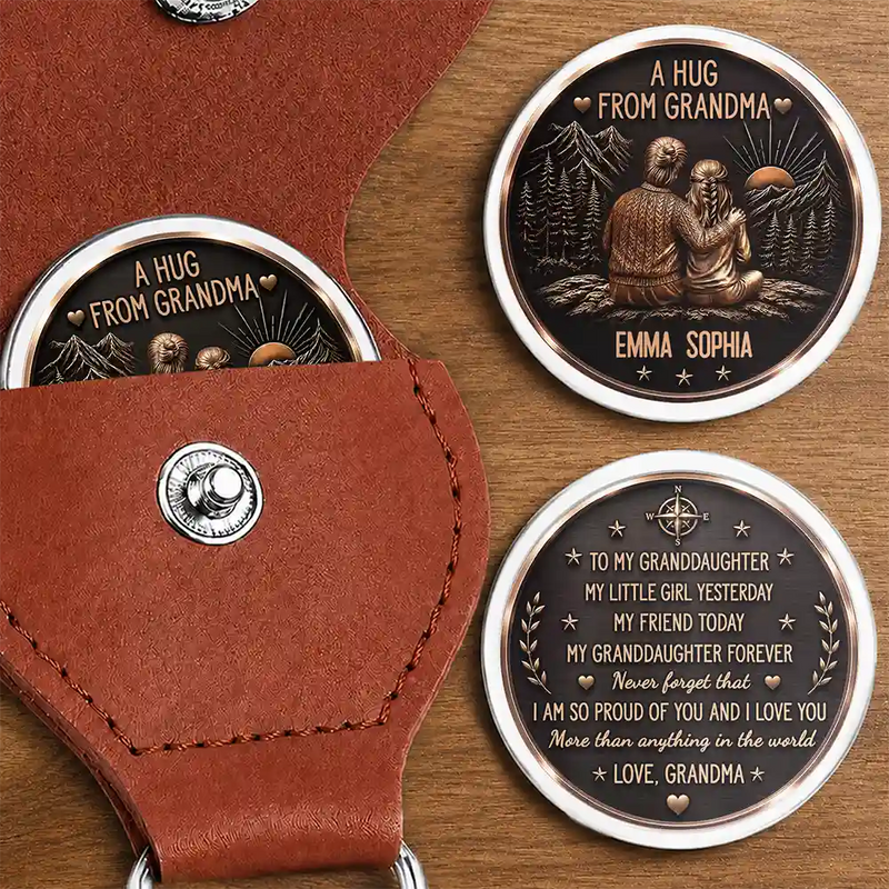 Gift For Grandchildren,Sentimental,Gift For Grandkids,Gift For Grandma,Grandma - Grandkids,Vector - Vintage Style A Hug From Grandma - Personalized Leather Pocket Hug