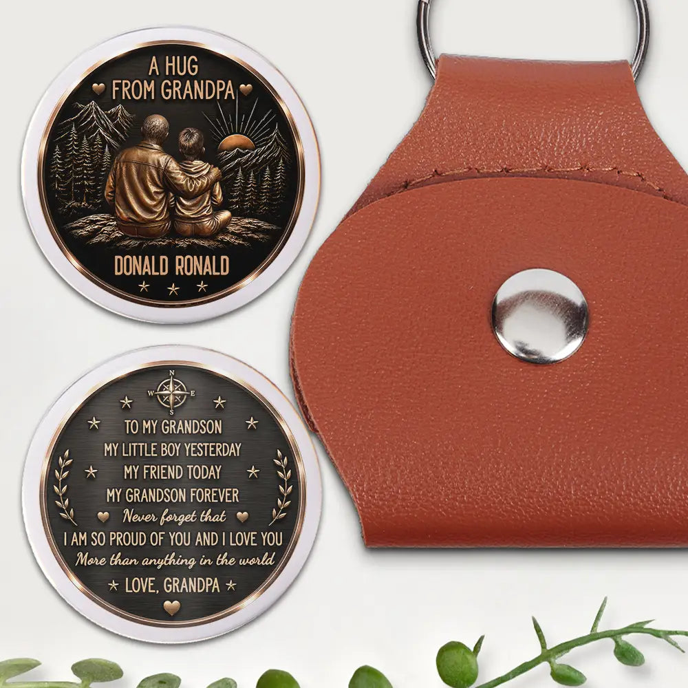 Grandpa - Grandkids,Sentimental,Gift For Grandkids,Gift For Grandpa,Vector - Vintage Style A Hug From Grandpa - Personalized Leather Pocket Hug