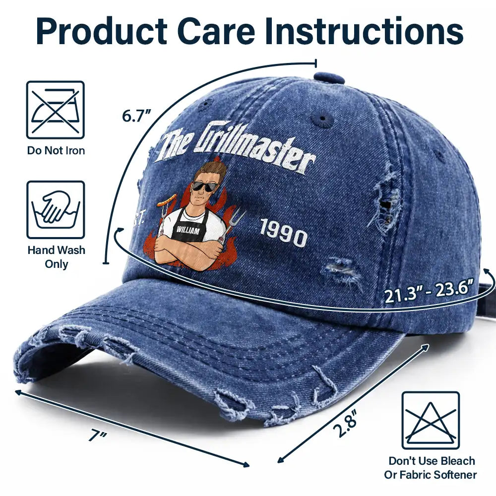 Happy,Gift For Father,Gift For Grandpa,Gift For Men,Grilling,Grandpa's Hobby,Dad's Hobby,Non-Eng,Vector,Humorous - Vintage BBQ The Grill Father - Personalized Distressed Cap