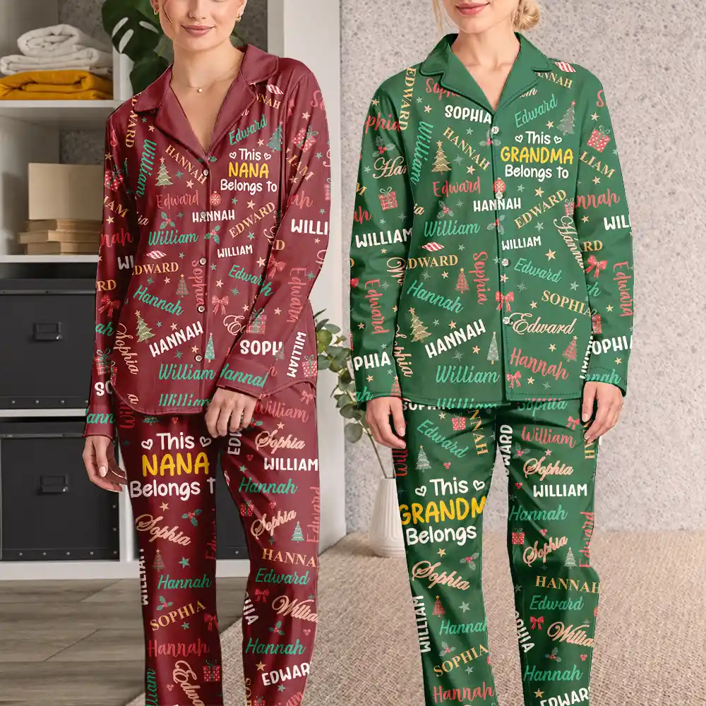 Christmas,Custom Text,Gift For Grandma,Gifts For Her,Happy - Christmas Gift For Grandma Nana - Personalized Kids Names Long Pajamas Set