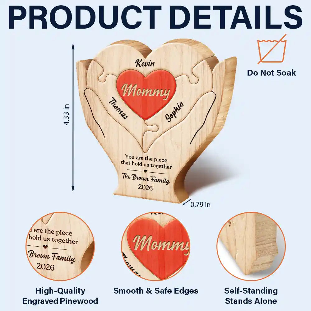 Christmas,Custom Text,Gift For Mother,Gifts For Her,Grateful - Christmas Holidays Birthday Gift For Mom Bonus Mom - Personalized Hands Hold Heart Shaped Wooden Puzzle