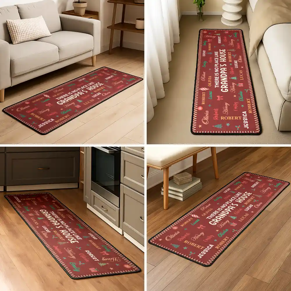 Christmas,Custom Text,Family,Grandparents,Happy - Christmas Home Decor Gift For Grandparents - Personalized Kids Names Holiday Runner Rug