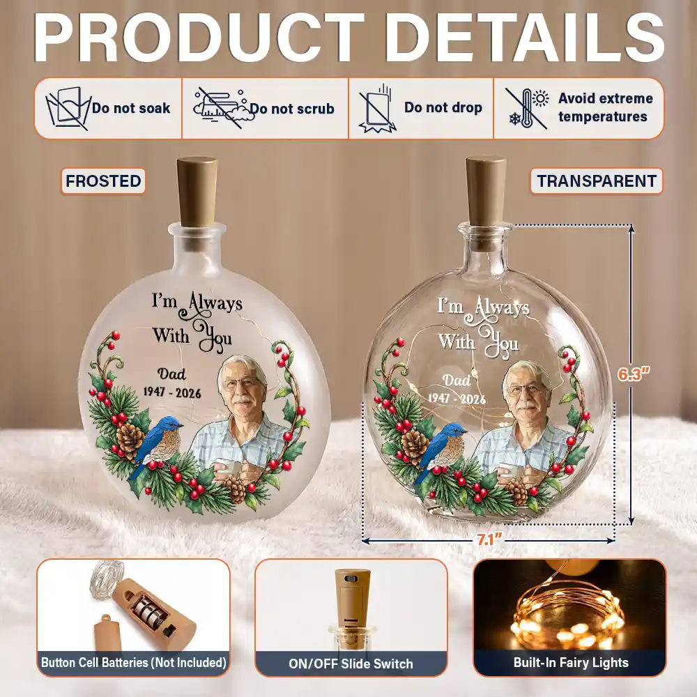Art Design,Christmas,Custom Photo,Family,Memorial,Memorial Loved One,Photo - Stained Glass,Sympathetic - Memorial Sympathy Gifts - Personalized Custom Photo I'm Always With You Round Flat Bottle Light