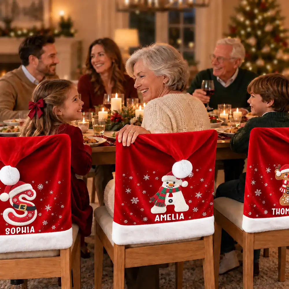 Christmas,Family,Happy,Monogram - Christmas Table Decor Gift For Family - Personalized Monogram Initial Chair Cover