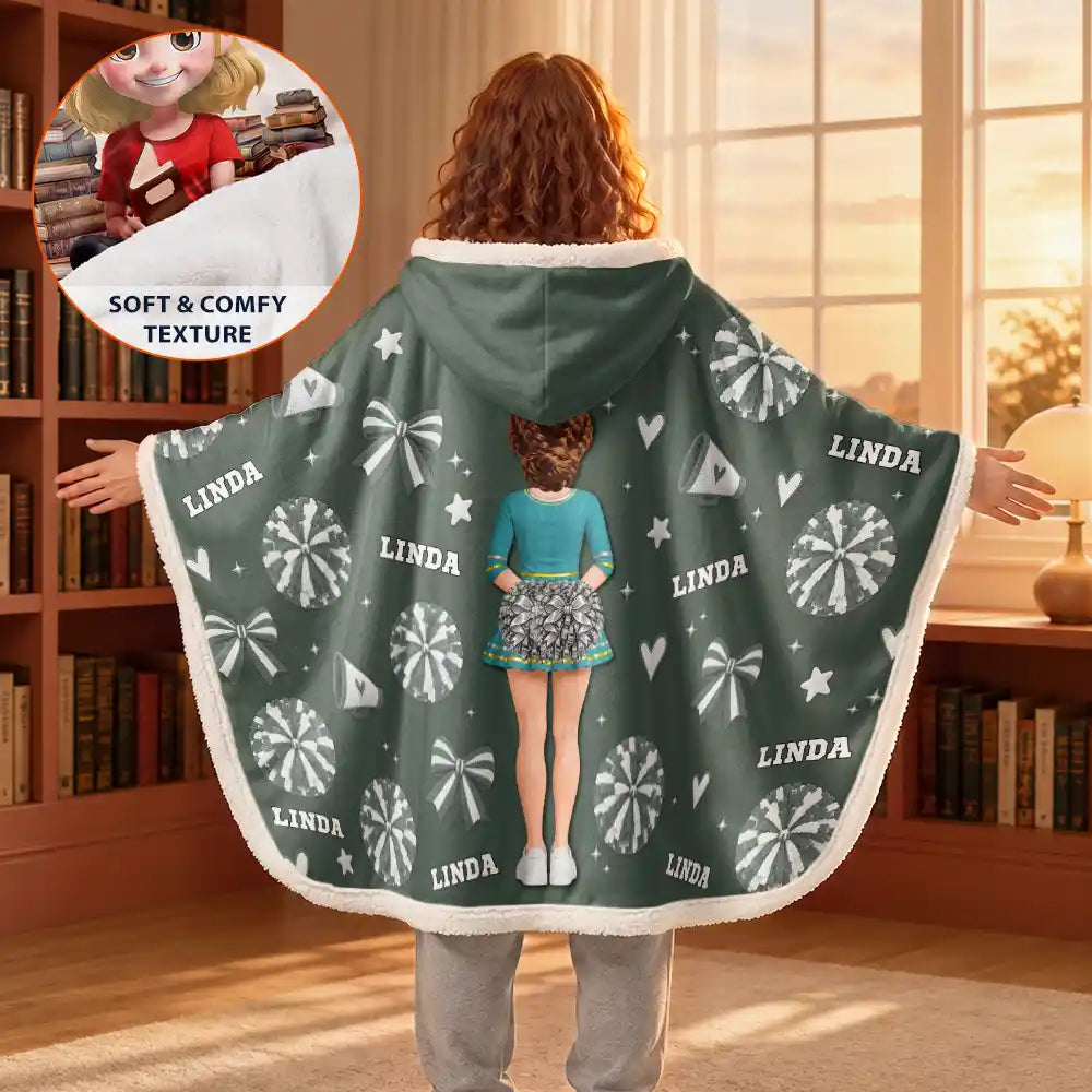 Christmas,Gift For Grandma,Gifts For Her,Grandma - Granddaugther,Happy,Icon - Cheer Gift For Teen Girls - Personalized Name Coquette Bow Pompom Wearable Hooded Blanket