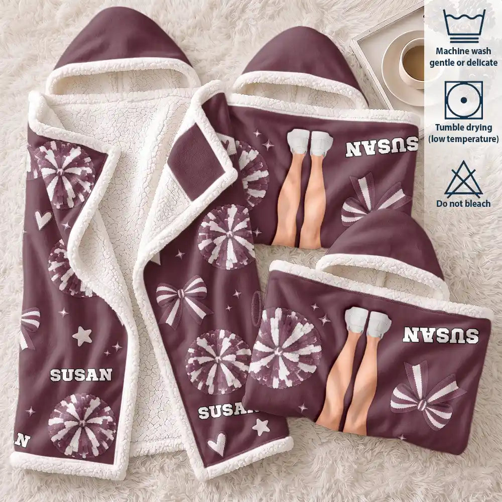 Christmas,Gift For Grandma,Gifts For Her,Grandma - Granddaugther,Happy,Icon - Cheer Gift For Teen Girls - Personalized Name Coquette Bow Pompom Wearable Hooded Blanket