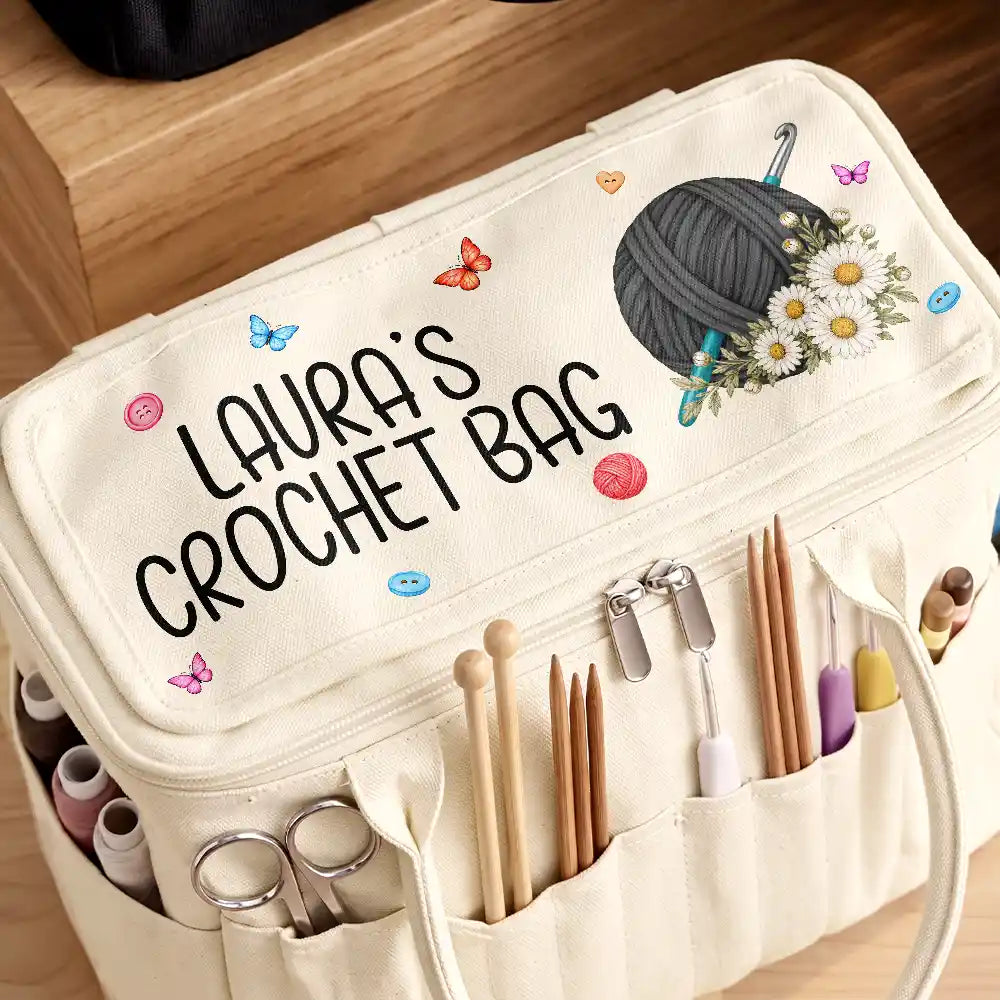 Christmas, Cozy, Crocheting, Gift For Women, Gift For Yourself, Gifts For Her, Icon - Birthday Gift For Crocheter Knitter - Personalized Name & Birth Flower Yarn Ball Canvas Yarn Tote Bag