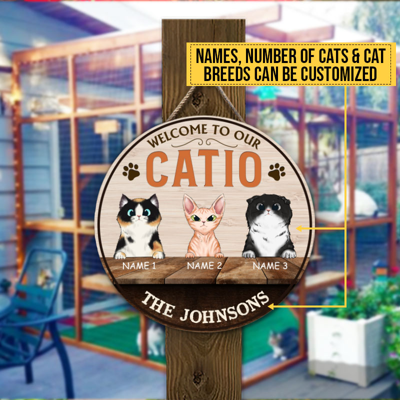 Welcome To Our Catio, Catio Decor, Cat Enclosure Decor, Cat Lover Gift, Custom Wood Circle Sign
