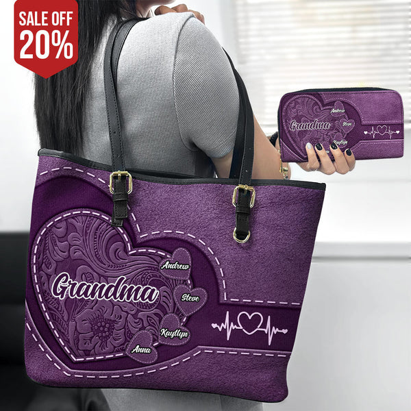 Grandma Mommy's Little Sweethearts - Personalized Combo Leather Wallet And Tote Bag