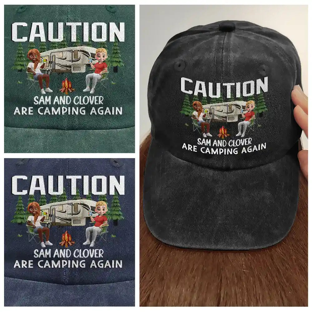 Camping, Campsite, Gift For Couples, Happy, Gift For Husband, Gift For Girlfriend, Gift For Boyfriend, Gift For Wife - Warning Camping Again - Personalized Vintage Washed Denim Cap