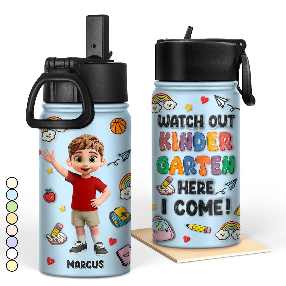 Back To School,Parents,Adorable,Vector - Watch Out Kindergarten Here I Come 3D Effect Kids - Personalized Kids Water Bottle