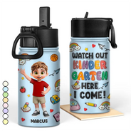 Back To School,Parents,Adorable,Vector - Watch Out Kindergarten Here I Come 3D Effect Kids - Personalized Kids Water Bottle