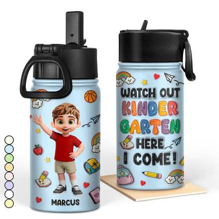 Watch Out Kindergarten Here I Come 3D Effect Kids - Personalized Kids Water Bottle