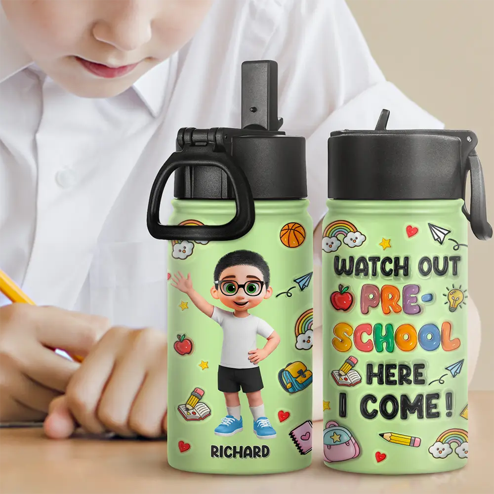 Back To School,Parents,Adorable,Vector - Watch Out Kindergarten Here I Come 3D Effect Kids - Personalized Kids Water Bottle