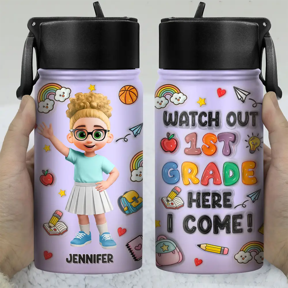 Back To School,Parents,Adorable,Vector - Watch Out Kindergarten Here I Come 3D Effect Kids - Personalized Kids Water Bottle
