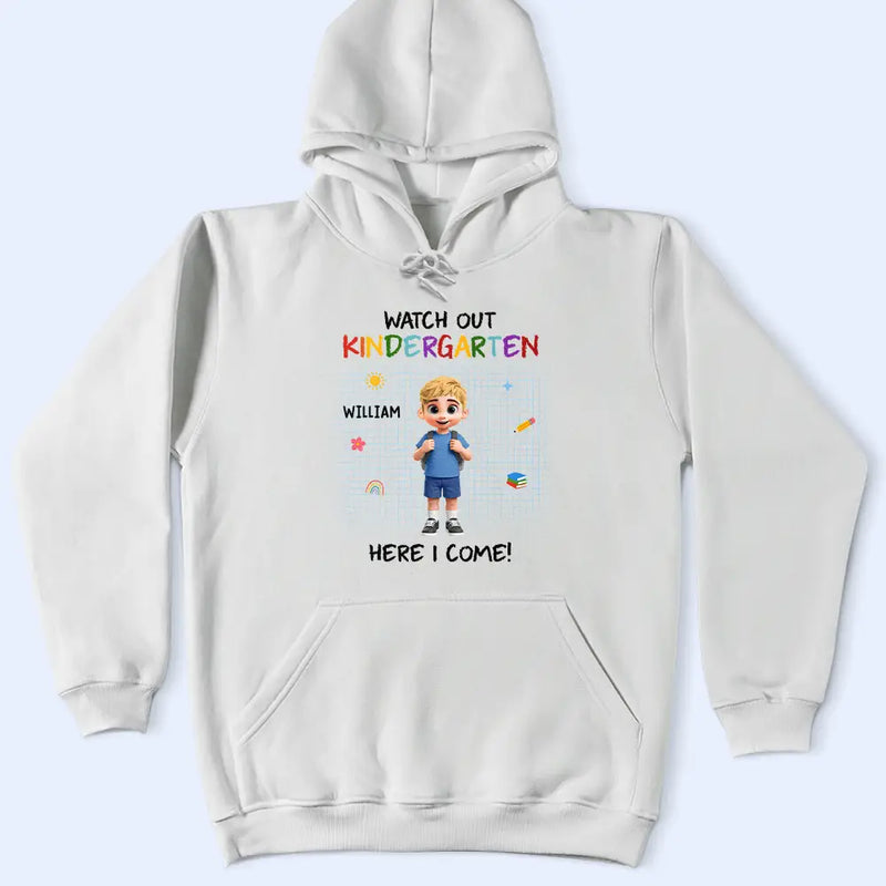 Adorable,Back To School,Gift For Kids,Vector - Watch Out Kindergarten Kid With Backpack - Personalized T Shirt