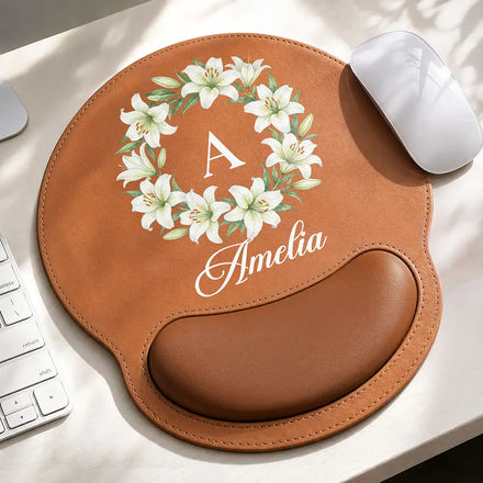 Watercolor Birth Flower Custom Name - Personalized Leather Mouse Pad