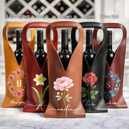 Gift For Mother,Gift For Grandma,Gift For Bestie,Happy,Gift For Women,Gift For Yourself,Icon - Watercolor Birth Flower Custom Name - Personalized Leather Wine Bag
