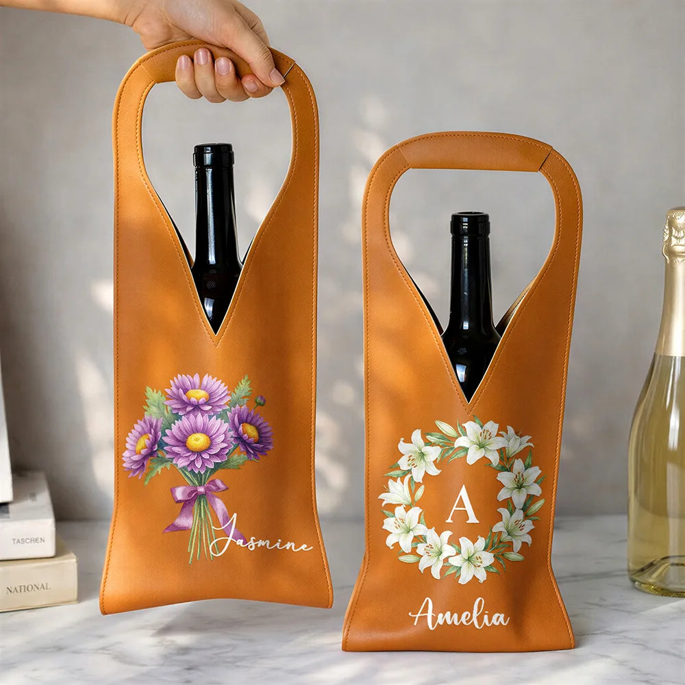 Gift For Mother,Gift For Grandma,Gift For Bestie,Happy,Gift For Women,Gift For Yourself,Icon - Watercolor Birth Flower Custom Name - Personalized Leather Wine Bag