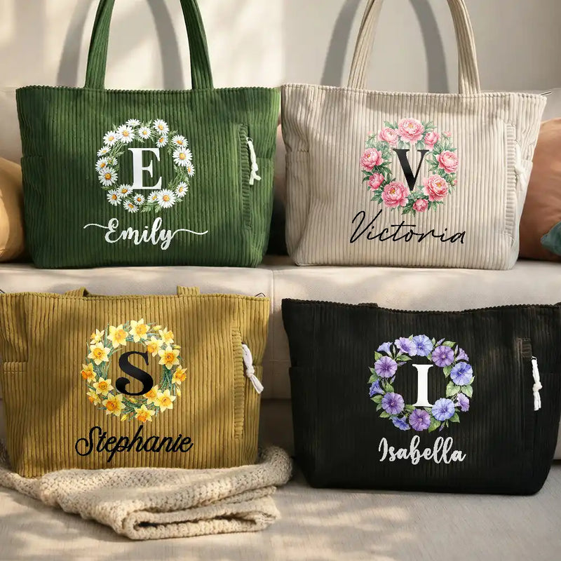 Gift For Wife,Gift For Girlfriend,Gift For Yourself,Gift For Aunt,Gift For Women,Gift For Mother,Gift For Grandma,Gift For Daughter,Gift For Sisters,Gift For Bestie,Gifts For Colleagues - Watercolor Birth Flower Wreath - Personalized Corduroy Tote Bag