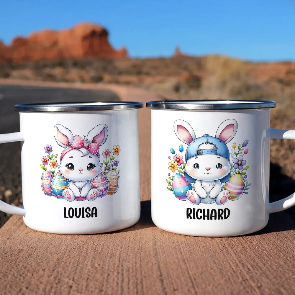 Easter, Happy, Gift For Kids, Parents - Watercolor Bunny Chicken - Personalized Enamel Mug