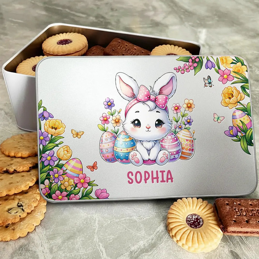 Easter, Happy, Gift For Kids, Parents - Watercolor Bunny Chicken With Name - Personalized Metal Biscuit Tin