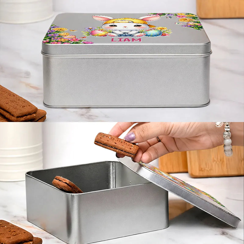 Easter, Happy, Gift For Kids, Parents - Watercolor Bunny Chicken With Name - Personalized Metal Biscuit Tin