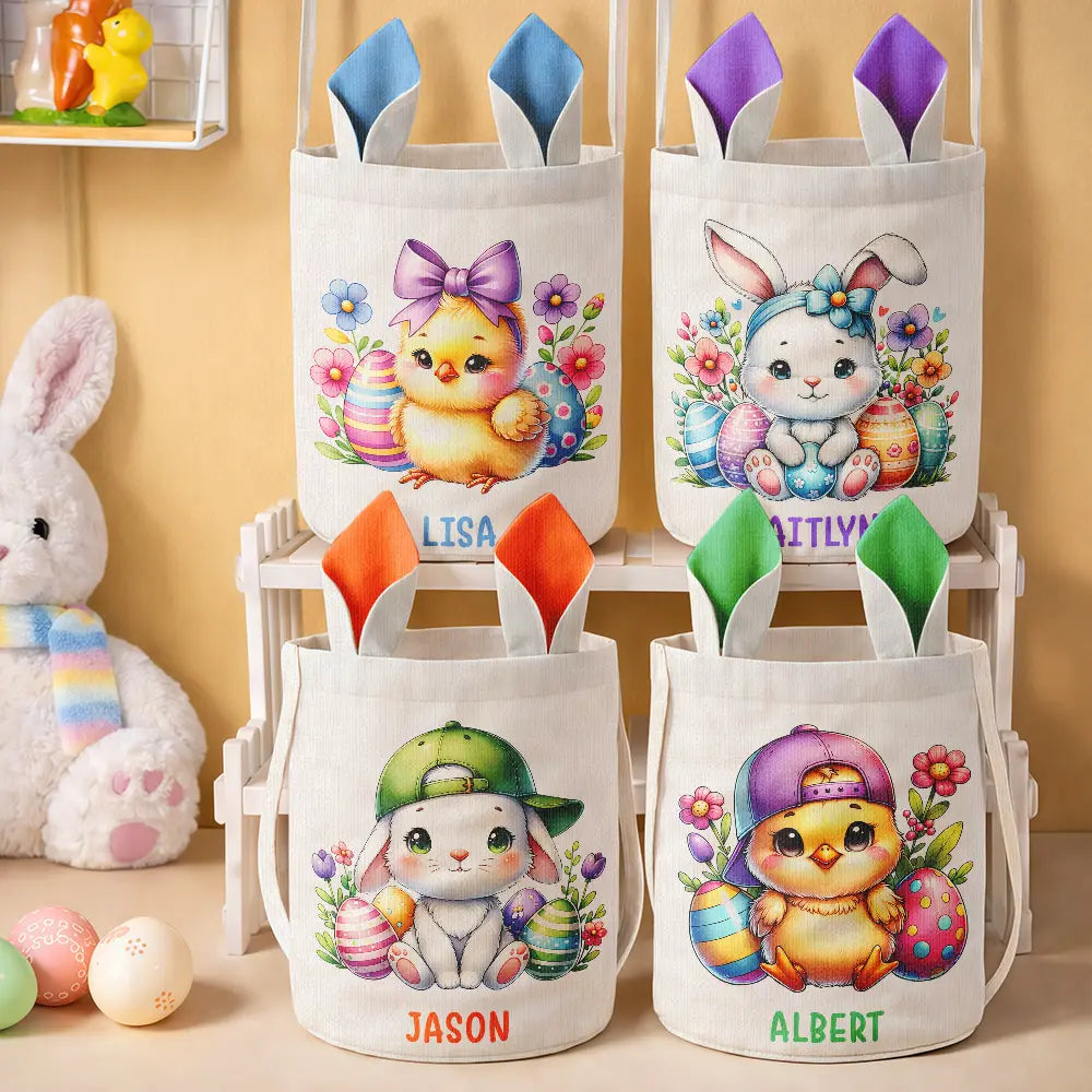 Gift For Kids,Grandpa,Grandkids,Grandma,Gift For Grandkids,Easter - Watercolor Easter Bunny With Name - Personalized Bunny Ears Bucket Bag