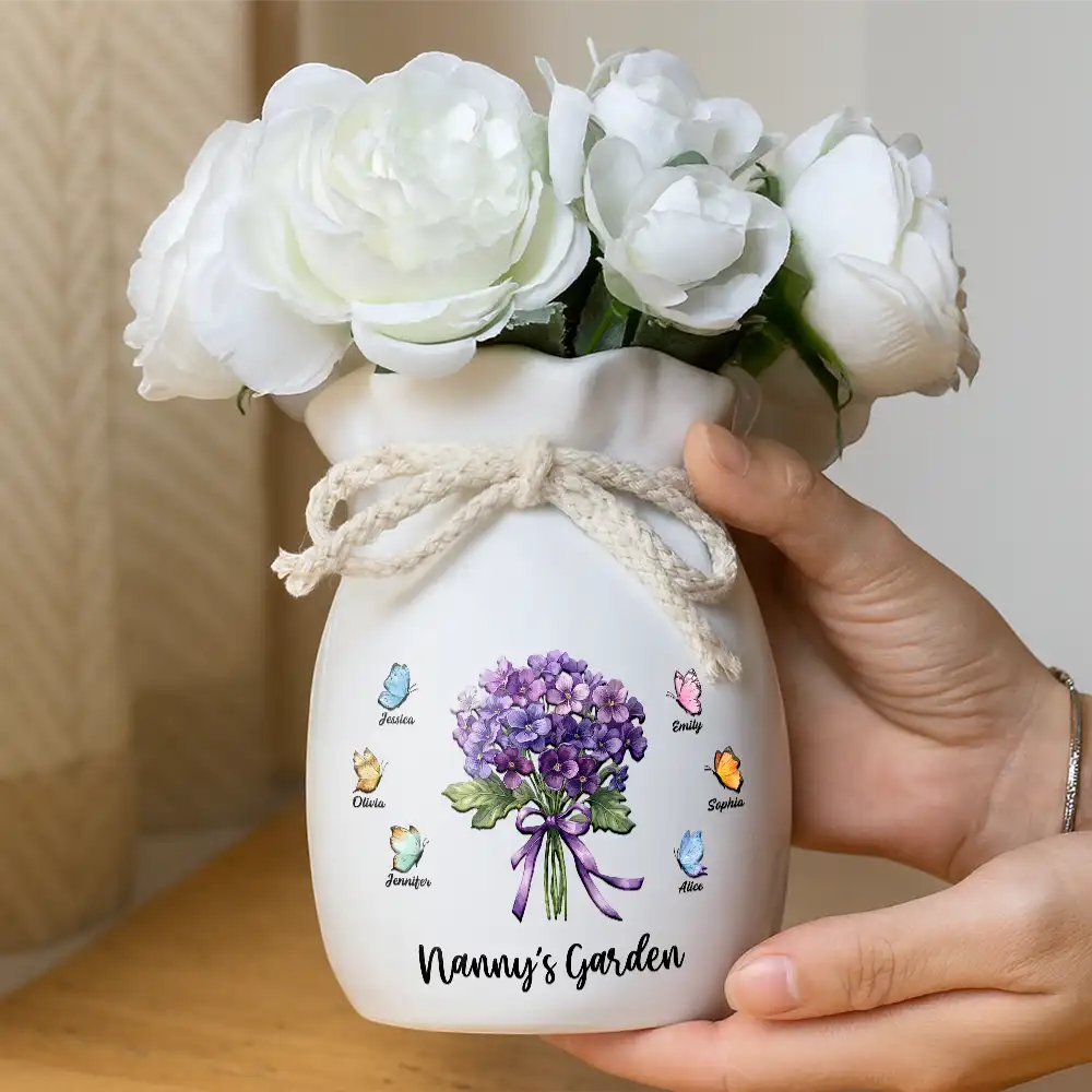 Gift For Grandma,Gift For Mother,Gift For Women,Happy,Top Market - Watercolor Grandma's Garden Blooming With Love - Personalized Ribbon Tie Flower Vase