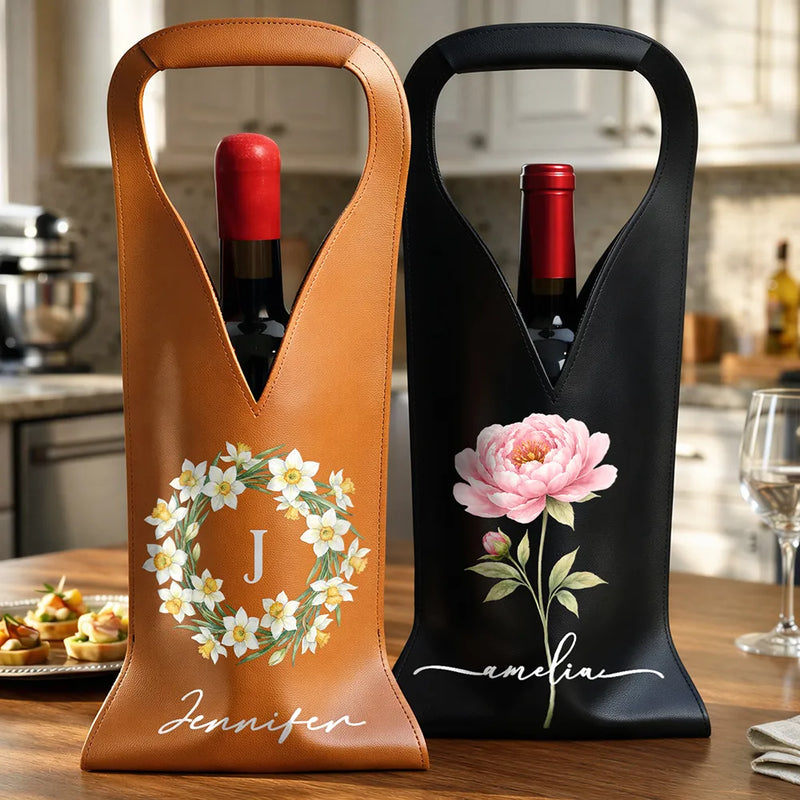 Gift For Mother,Gift For Grandma,Gift For Bestie,Happy,Gift For Women,Gift For Yourself,Icon - Watercolor Birth Flower Custom Name - Personalized Leather Wine Bag
