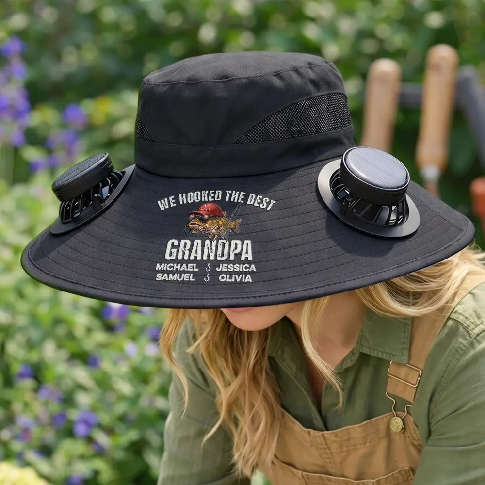 Gift For Husband,Gift For Men,Gift For Yourself,Gift For Grandpa,Gift For Father,Fishing,Icon,Humorous - We Hooked The Best Dad Grandpa - Personalized Solar Fan Hat