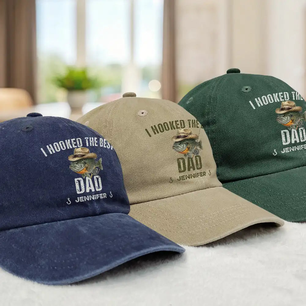 Gift For Husband,Gift For Men,Gift For Yourself,Gift For Grandpa,Gift For Father,Fishing,Icon,Humorous - We Hooked The Best Dad Grandpa - Personalized Vintage Washed Denim Cap