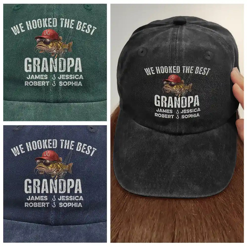 Gift For Husband,Gift For Men,Gift For Yourself,Gift For Grandpa,Gift For Father,Fishing,Icon,Humorous - We Hooked The Best Dad Grandpa - Personalized Vintage Washed Denim Cap