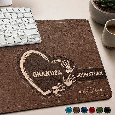 We Love You Grandpa Dad Kids Handprints - Personalized PU Leather Desk Mat