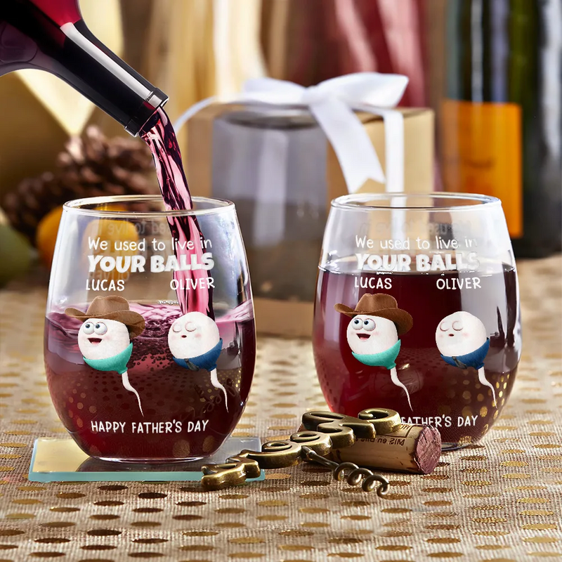Funny,Gift For Father,Gift For Husband - We Used To Lived In Your Balls Dad - Personalized Stemless Wine Glass