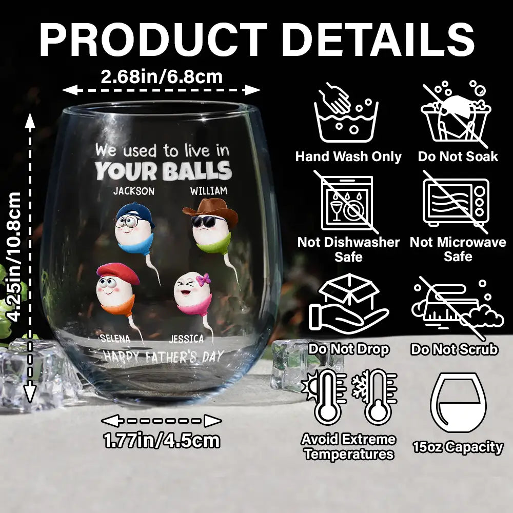 Funny,Gift For Father,Gift For Husband - We Used To Lived In Your Balls Dad - Personalized Stemless Wine Glass