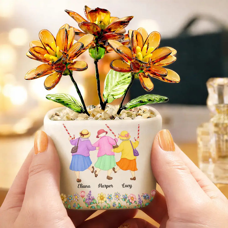 Gift For Bestie, Old Besties, Top Market, Humorous, Vector - We'll Be Friends Until We're Old And Senile - Personalized Glass Flower Plant Pot
