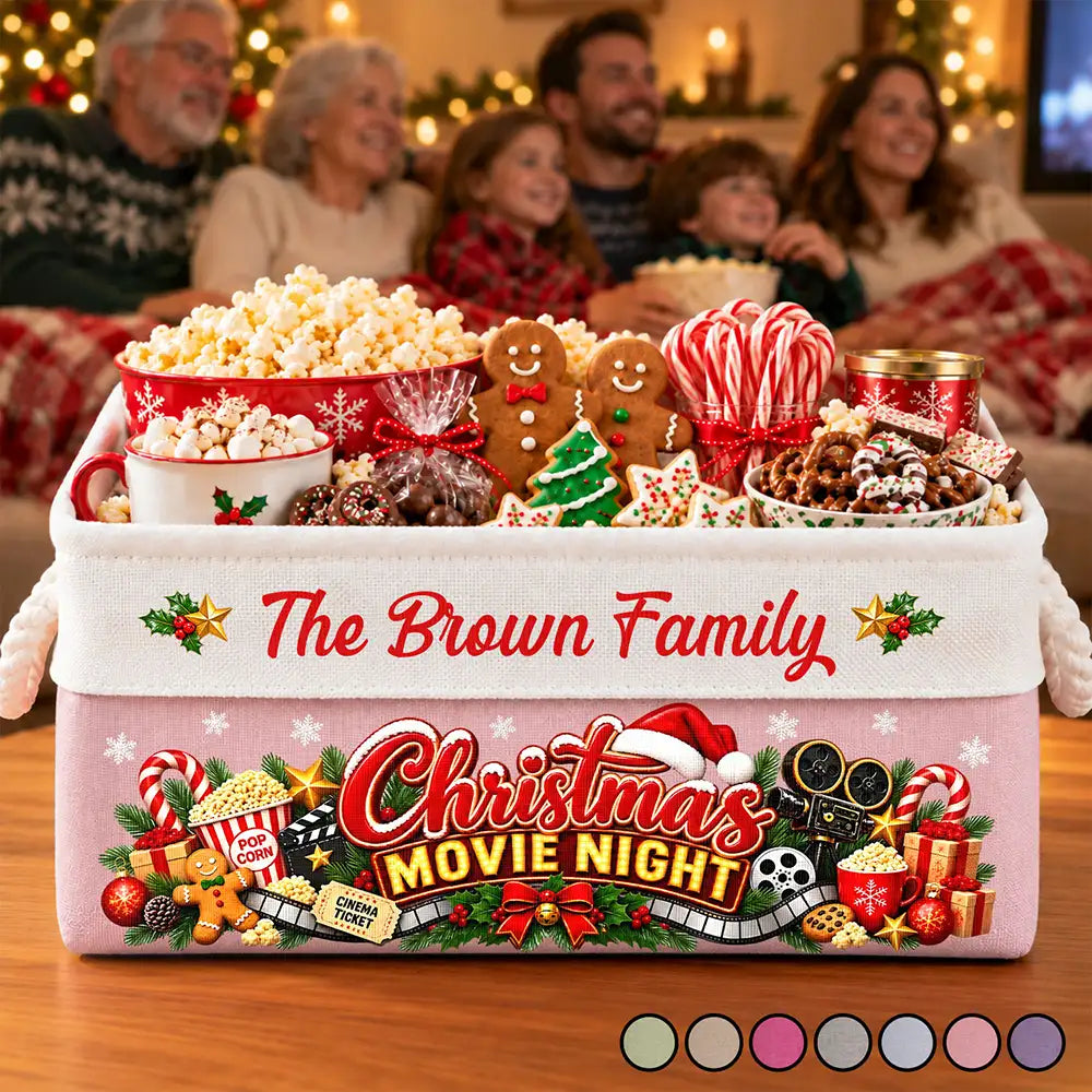 Christmas,Cozy,Custom Text,Family,Top Market - Gift For Holiday Gathering - Personalized Family Name Christmas Eve Movie Night Snack Storage Basket Storage Basket