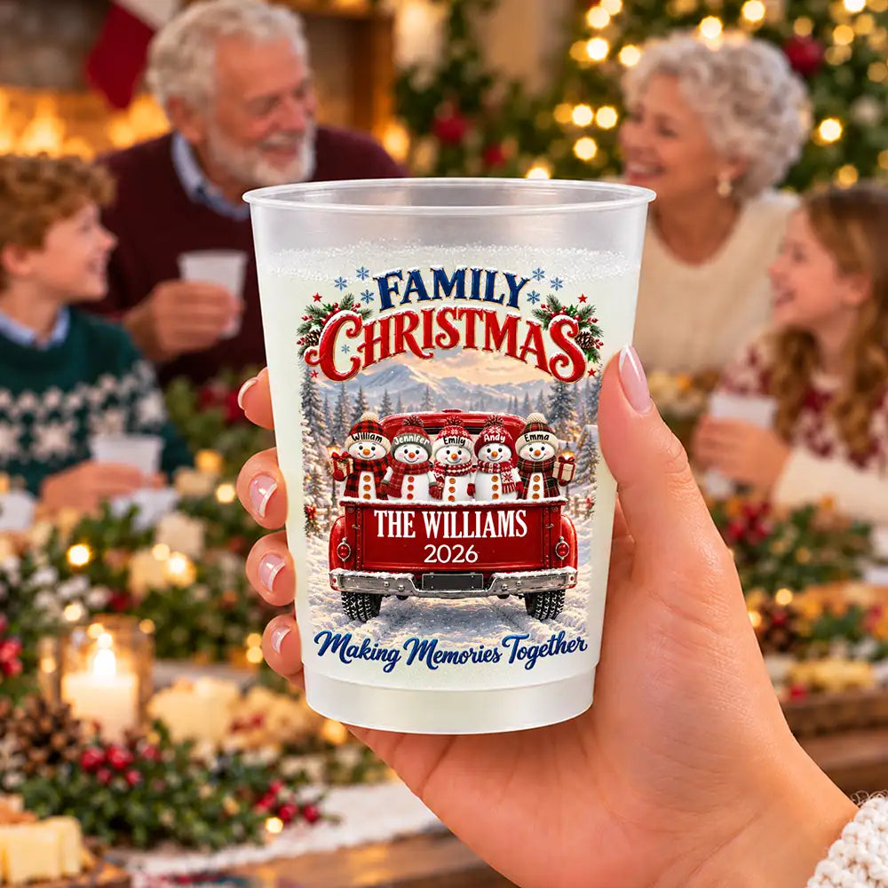 Christmas, Family, Icon, Sentimental - Christmas Gift For Family Gathering - Personalized Family Name Snowman Red Truck All Roads Lead Home At Christmas Frosted Cups
