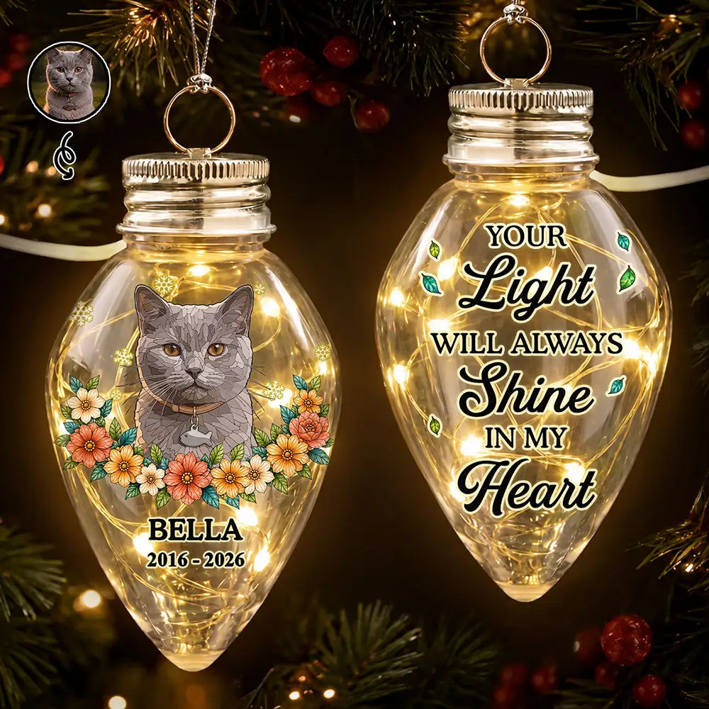 Art Design,Christmas,Custom Photo,Memorial,Pet Lovers,Pet Memorial,Photo - Stained Glass,Sentimental - Memorial Gift For Pet Lovers - Personalized Custom Photo Stained Glass Your Light Will Always Shine In My Heart Chili Bulb LED Light