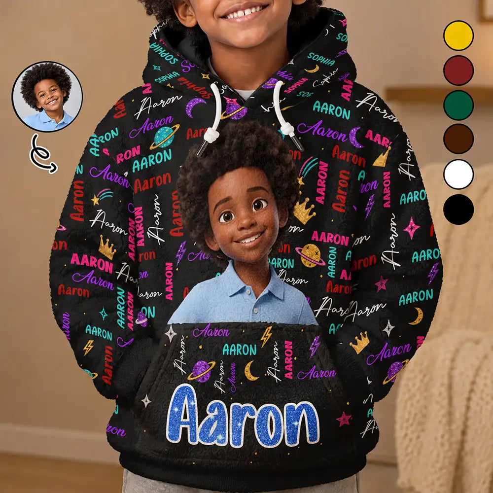 Art Design,Custom Photo,Gift For Kids,Happy,Photo - Cartoon Portrait,Top Market - Christmas Gift For Kids - Personalized Custom Photo Name Cute Pattern Fleece Hoodie