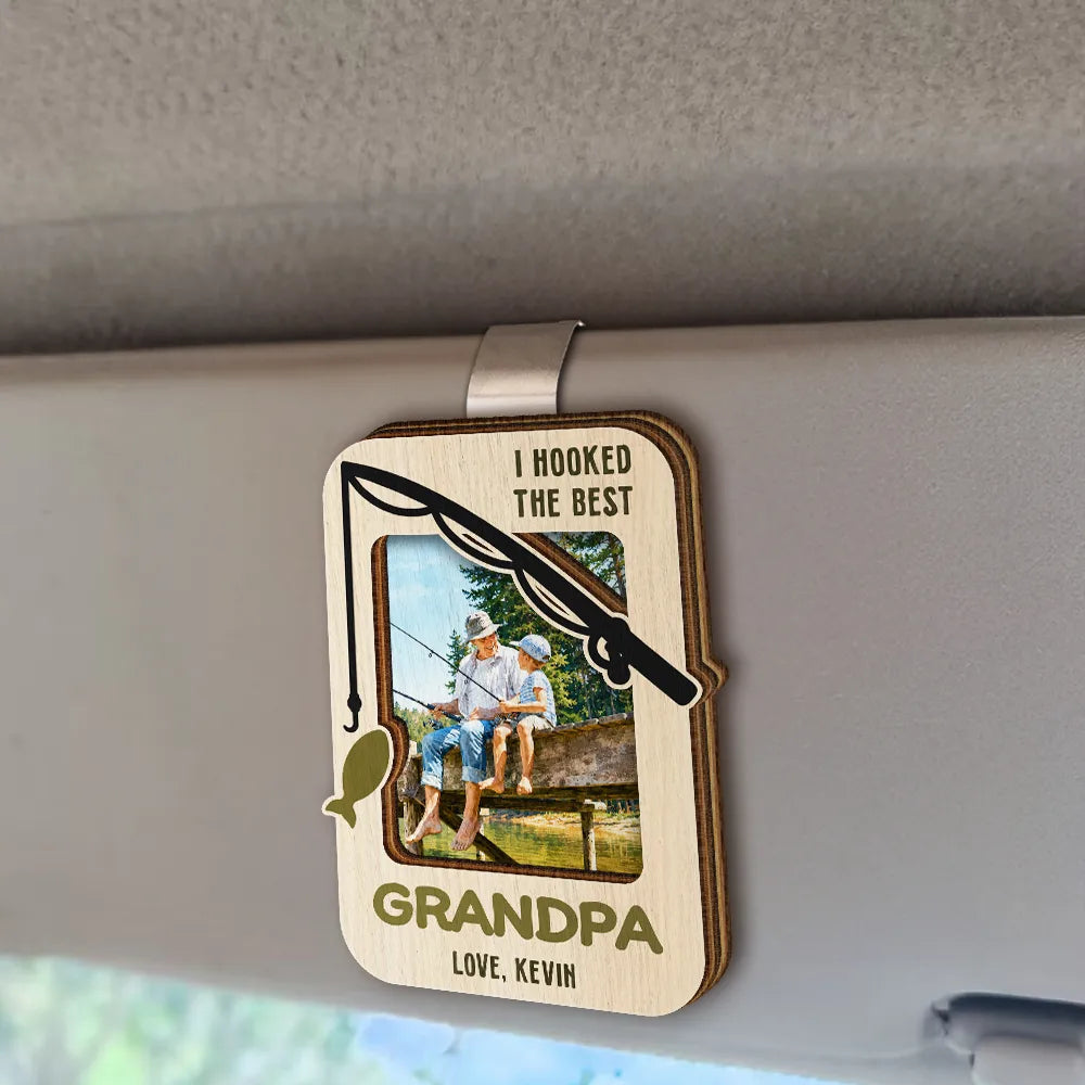 Gift For Husband,Gift For Men,Gift For Father,Gift For Grandpa,Fishing,Dad's Hobby,Grandpa's Hobby,Non-Eng,Photo - Watercolor (with BG),Humorous - Custom Photo Watercolor Painting I Hooked The Best Daddy Fishing Father - Personalized Custom Shaped Car Visor Clip